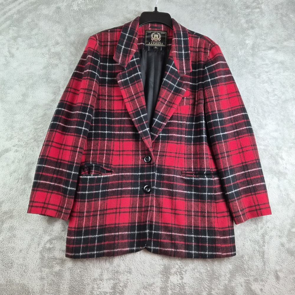 Vintage Express Blazer Jacket Small Red Black Plaid Wool Blend Academia Italy